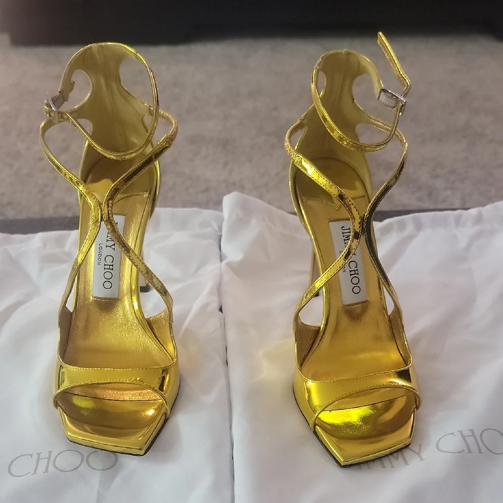 Jimmy Choo Azia 110 Gold Liquid Metal Leather Sandals  Gold Strappy Heels - Picture 1 of 6